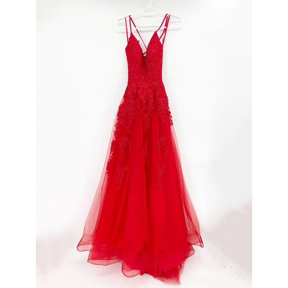 La Femme 28985 Red Tulle Lace Gown Plunge V Neck Lace Up Back Size 00 NEW - Picture 2 of 7
